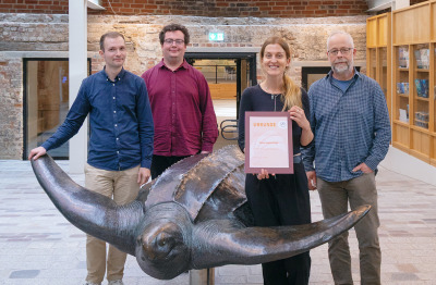 After the award ceremony of the Research Foundation Baltic Sea ( l. to r.): Prof Stefan Lüdtke, University of Rostock, Theo Sperlea, Anna Sophia Kujat, Matthias Labrenz, all from IOW