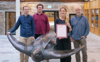 After the award ceremony of the Research Foundation Baltic Sea ( l. to r.): Prof Stefan Lüdtke, University of Rostock, Theo Sperlea, Anna Sophia Kujat, Matthias Labrenz, all from IOW