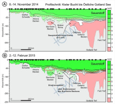 Abb. 4: Veränderung des Gehalts an gelöstem Sauerstoff im Wasserkörper entlang eines Profilschnittes ausgehend von der Kieler Bucht im Südwesten bis in das östliche Gotland, A) Situation im November 2014, B) die Situation Anfang Februar 2015.
