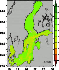 Oxygen deficiency zones in the Baltic Sea 1850-2098; red colours = O2 concentration below 2ml/l, where no higher life is possible.