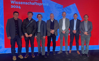 From left: Peter Feldens (IOW), Marcel Bradtmöller (Uni. Rostock), Jacob Geersen (IOW), Harald Lübke (LEIZA), Hans-Jörg Karlsen (Uni. Rostock), Jens Auer (LAKDMV), Jens Schneider von Deimling (CAU)