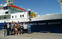 Teilnehmende der RoOT Summer School vor dem IOW-Forschungsschiff Elisabeth Mann Borgese